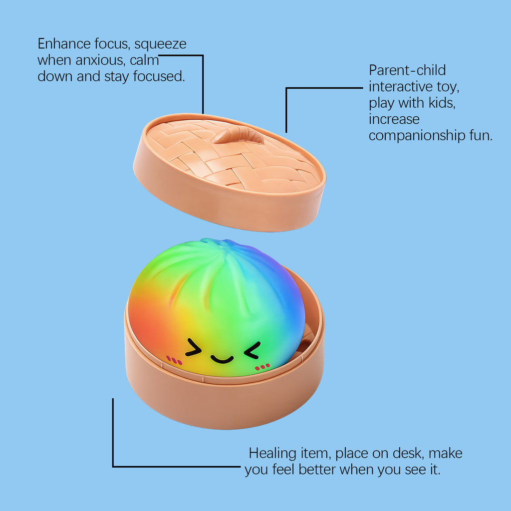 DOWMOO Rainbow Steamed Bun Shape Squeeze Toy with Steamer Box Stress Relief Toy for Adult Kids