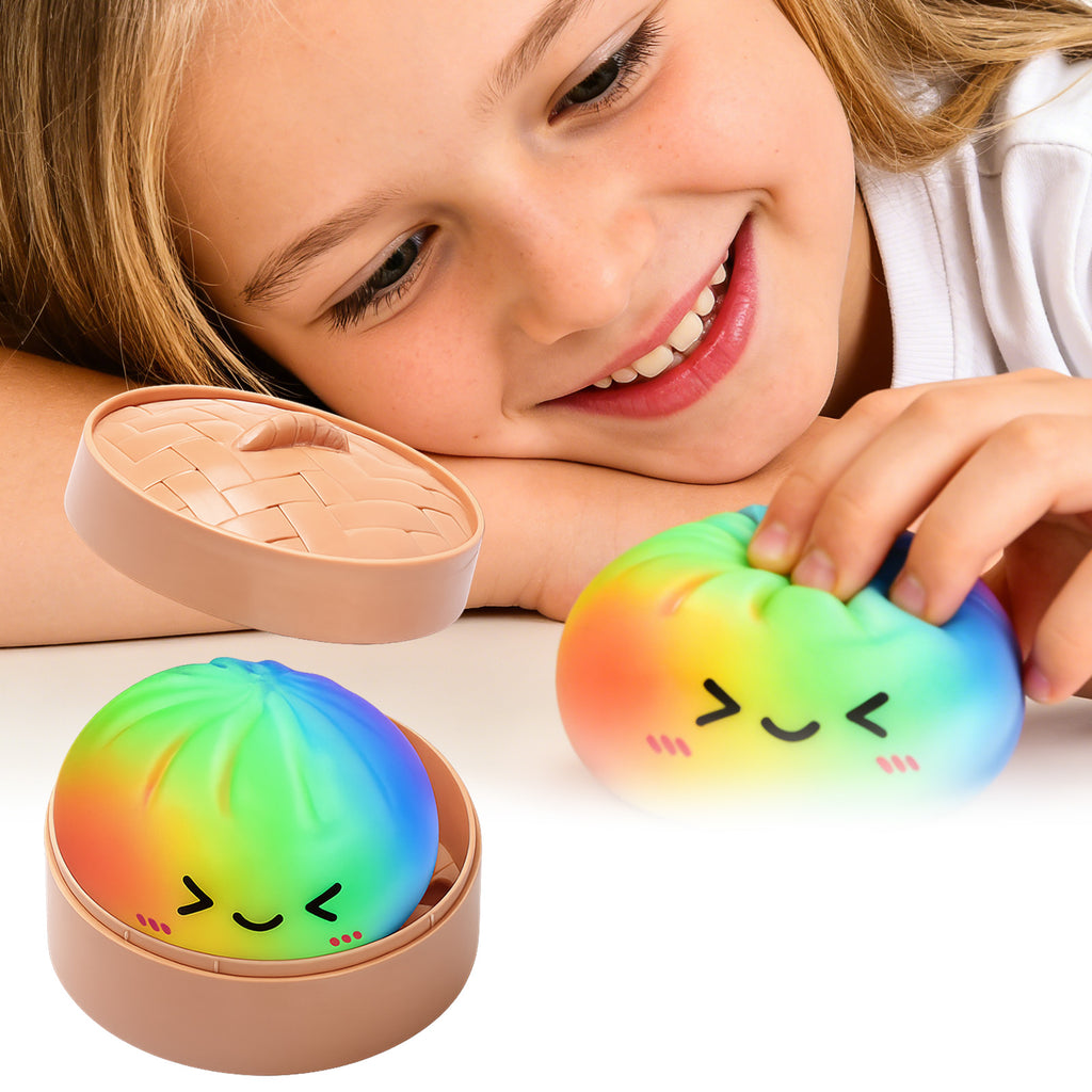DOWMOO Rainbow Steamed Bun Shape Squeeze Toy with Steamer Box Stress Relief Toy for Adult Kids