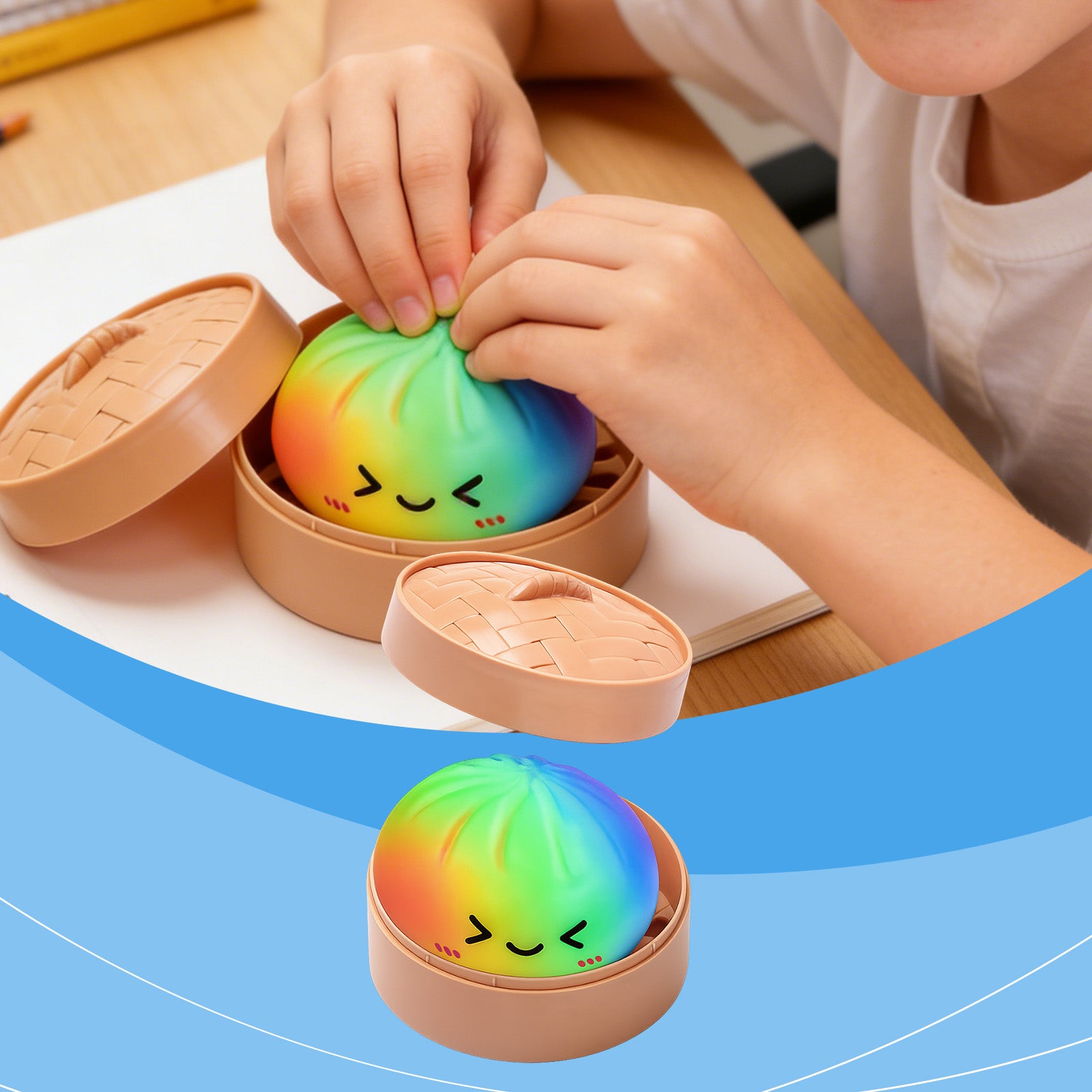 DOWMOO Rainbow Steamed Bun Shape Squeeze Toy with Steamer Box Stress Relief Toy for Adult Kids