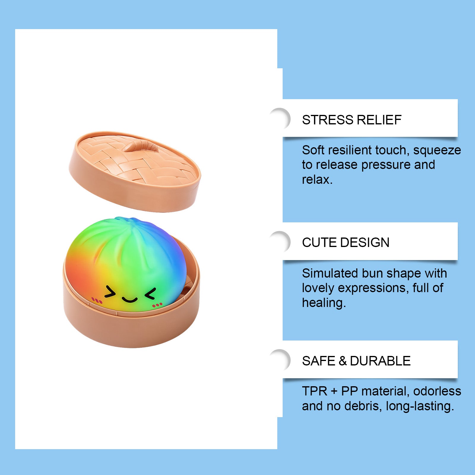 DOWMOO Rainbow Steamed Bun Shape Squeeze Toy with Steamer Box Stress Relief Toy for Adult Kids