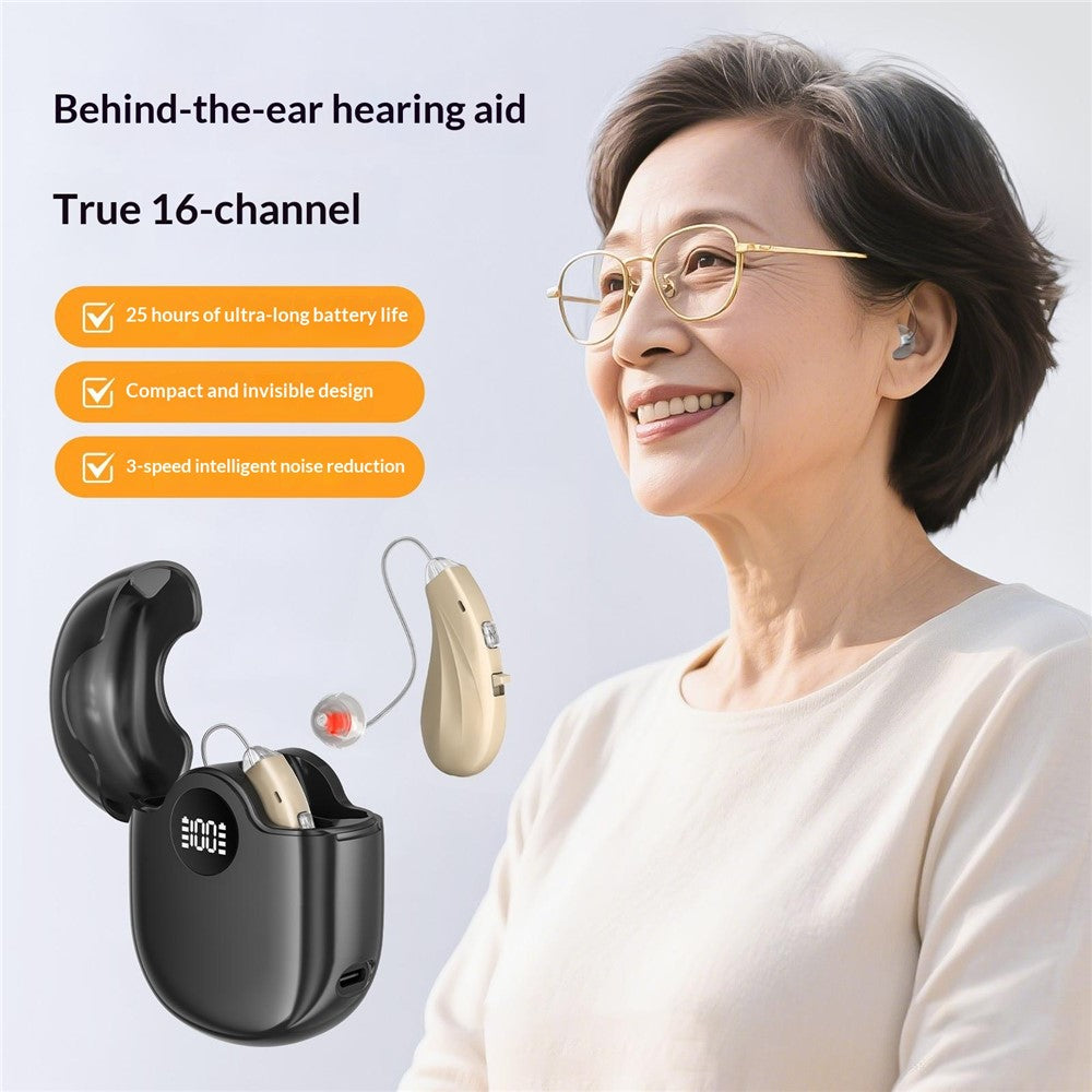 GM-362 RIC Invisible Hearing Aid Rechargeable Behind-the-Ear 16-Channel Digital Voice Sound Amplifier with Charging Case for Elderly