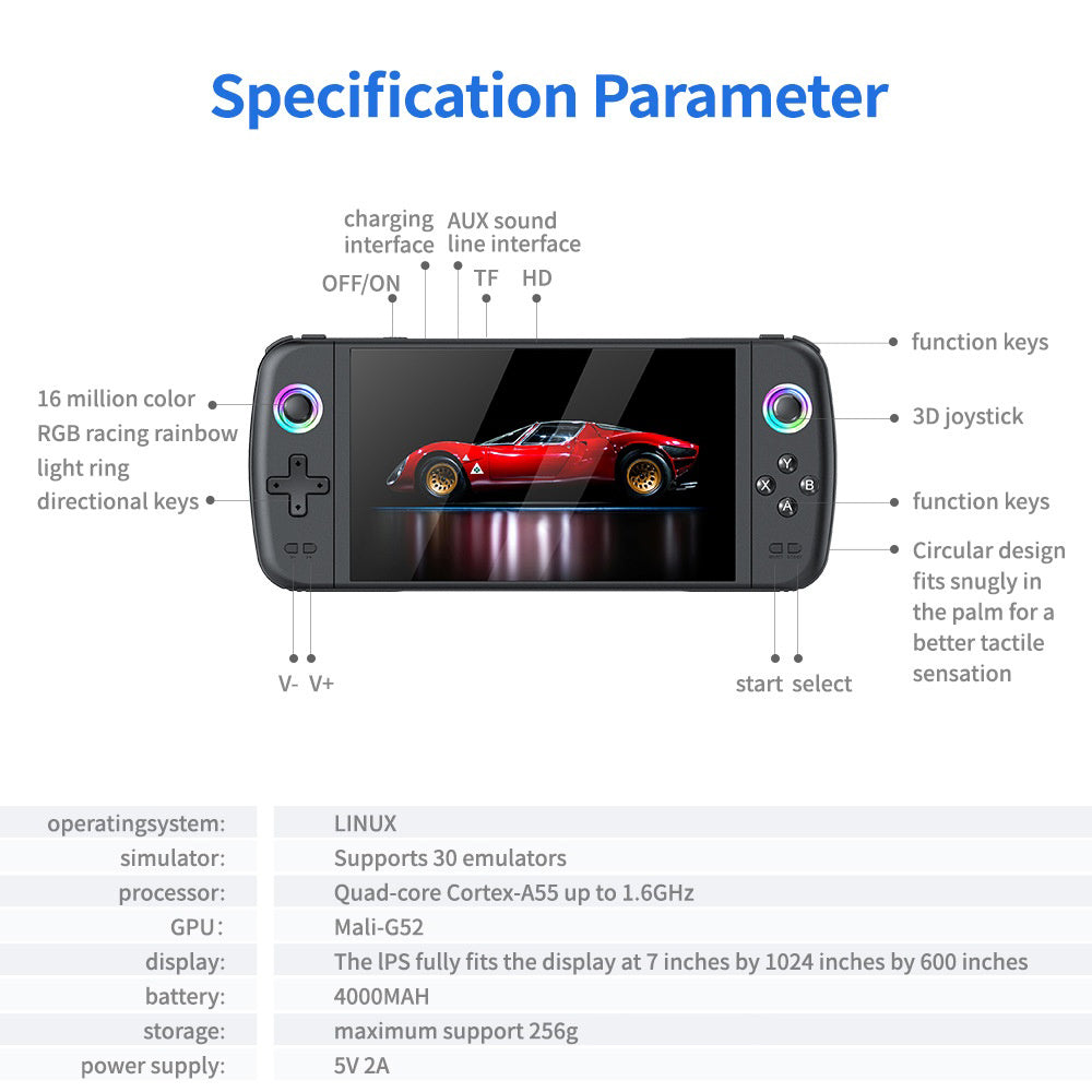 M27 7 Inch IPS Screen Handheld Game Console HD Output 20000+ Classic Games RGB Lighting Gamepad, with 64GB TF Card