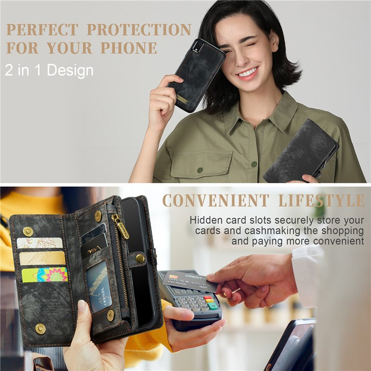 CASEME 008 Series Protective Cover for iPhone XR 6.1 inch, 2-in-1 Multi-slot Wallet Vintage PU Leather Cas