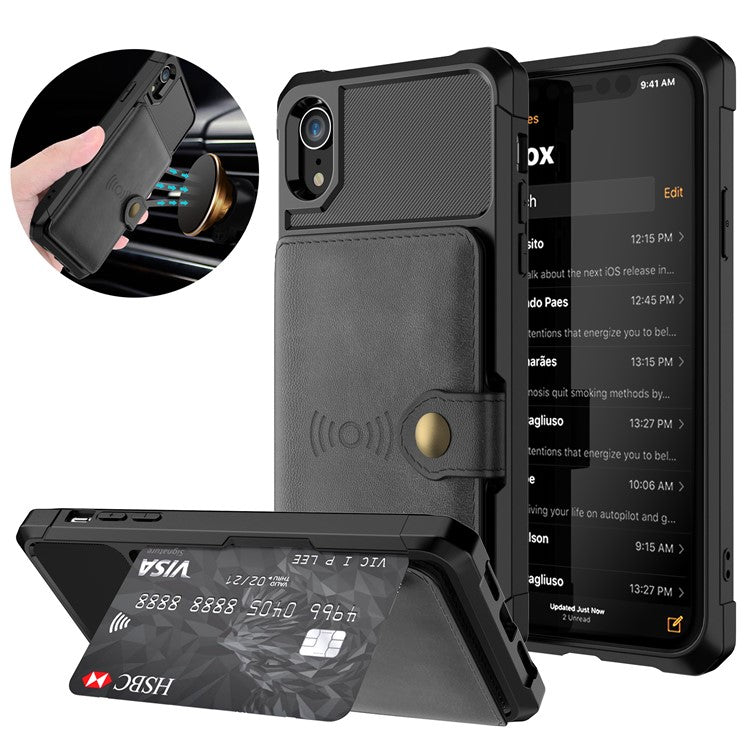 Leather Coated TPU Wallet Kickstand Shell with Built-in Magnetic Sheet for iPhone XR 6.1 inc