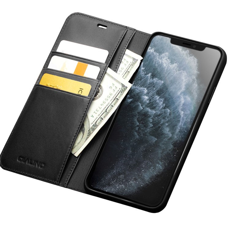 QIALINO För iPhone 11 Pro 5,8 tum Top Cowhide Läder Telefonskydd Plånbok Fullt skydd Folio Flip Fodral