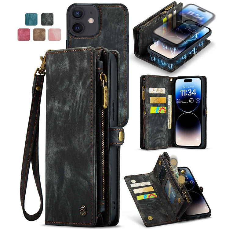 CASEME 008-serien för iPhone 12 6,1 tums telefonfodral med blixtlåsficka Plånboksställ TPU+PU Läder Magnetiskt avtagbart telefonskydd mot repor