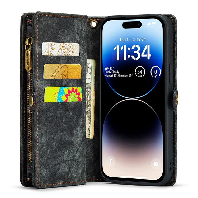 CASEME 008-serien för iPhone 12 6,1 tums telefonfodral med blixtlåsficka Plånboksställ TPU+PU Läder Magnetiskt avtagbart telefonskydd mot repor