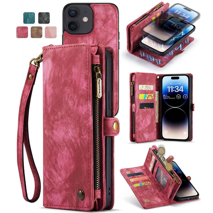 CASEME 008-serien för iPhone 12 6,1 tums telefonfodral med blixtlåsficka Plånboksställ TPU+PU Läder Magnetiskt avtagbart telefonskydd mot repor