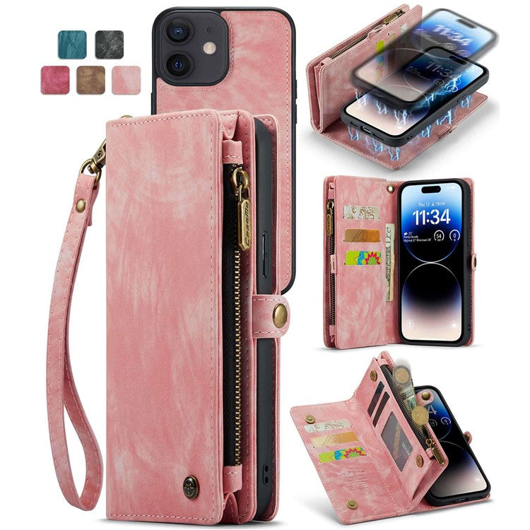 CASEME 008-serien för iPhone 12 6,1 tums telefonfodral med blixtlåsficka Plånboksställ TPU+PU Läder Magnetiskt avtagbart telefonskydd mot repor