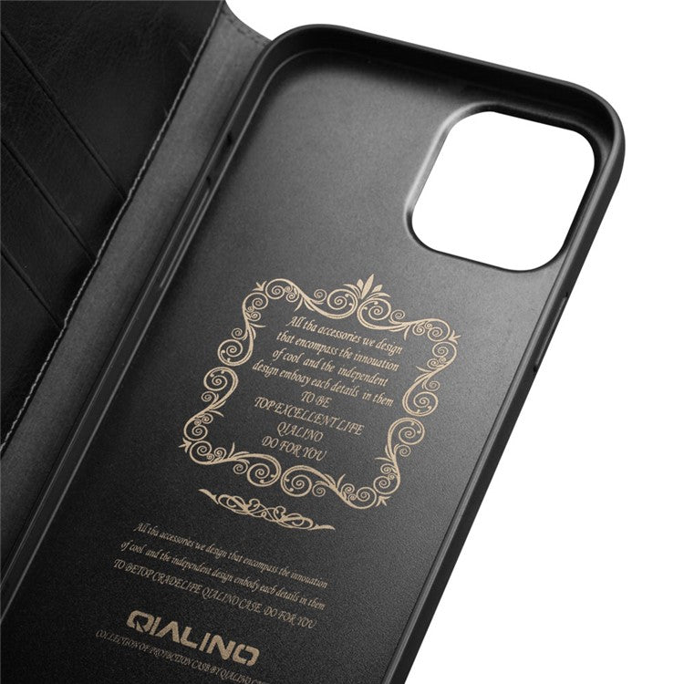 QIALINO For iPhone 12 Pro Max 6.7 inch Genuine Cowhide Leather Phone Case Wallet Stand Shockproof Protective Cove