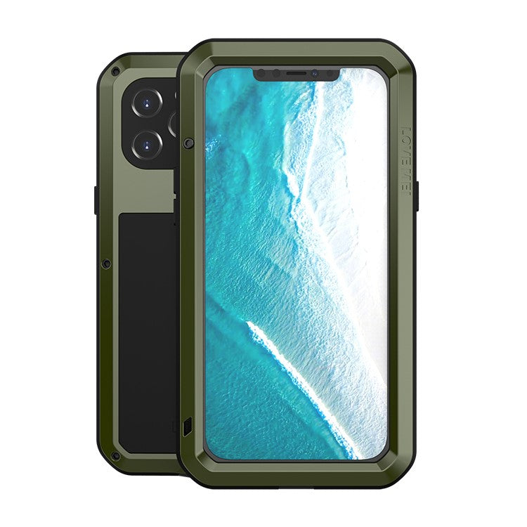 LOVE MEI Silicone + Metal Frame Bar Shaped Phone Cover Case with Tempered Glass Screen Protector for iPhone 12 Pro Ma