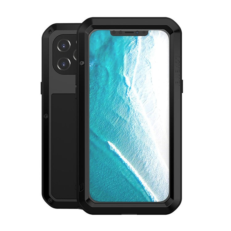 LOVE MEI Silicone + Metal Frame Bar Shaped Phone Cover Case with Tempered Glass Screen Protector for iPhone 12 Pro Ma