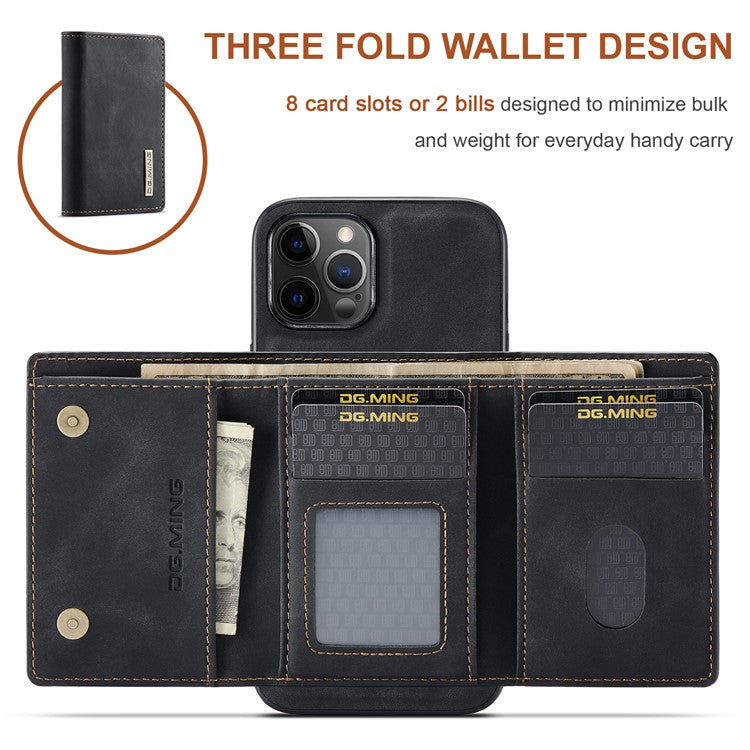 DG.MING M1 Series PU Leather Kickstand Protective Phone Case Shell with Magnetic Tri-fold Wallet for iPhone 12 Pro Max 6.7 inc