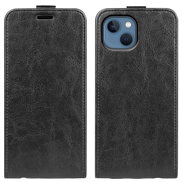 För iPhone 14 Plus 6,7 tum Slagsäkert vertikalt flipfodral Crazy Horse Texture PU-läder Magnetlås Telefonskydd med korthållare