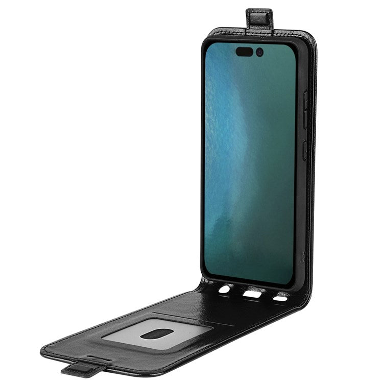 För iPhone 14 Plus 6,7 tum Slagsäkert vertikalt flipfodral Crazy Horse Texture PU-läder Magnetlås Telefonskydd med korthållare