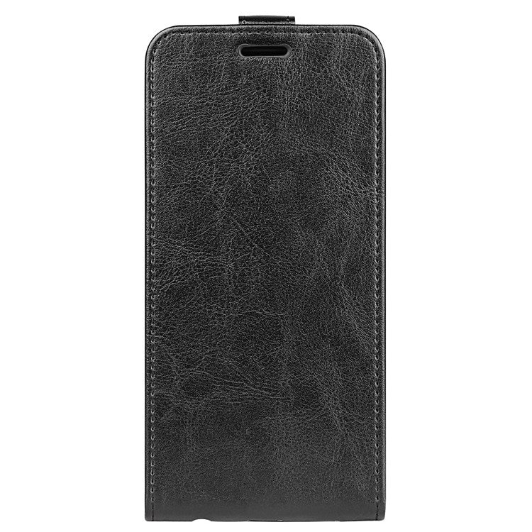 För iPhone 14 Plus 6,7 tum Slagsäkert vertikalt flipfodral Crazy Horse Texture PU-läder Magnetlås Telefonskydd med korthållare