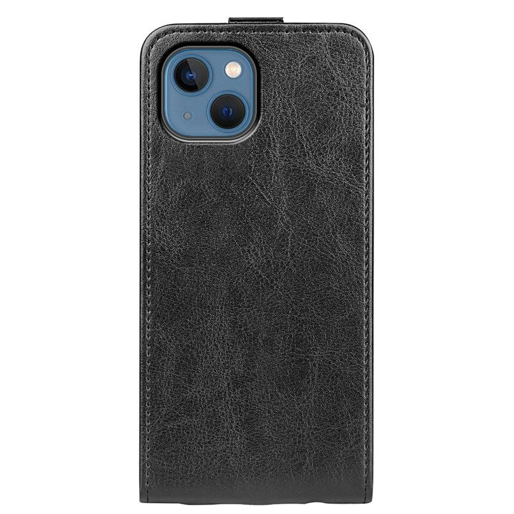 För iPhone 14 Plus 6,7 tum Slagsäkert vertikalt flipfodral Crazy Horse Texture PU-läder Magnetlås Telefonskydd med korthållare