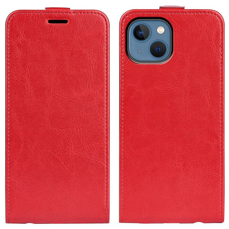 För iPhone 14 Plus 6,7 tum Slagsäkert vertikalt flipfodral Crazy Horse Texture PU-läder Magnetlås Telefonskydd med korthållare