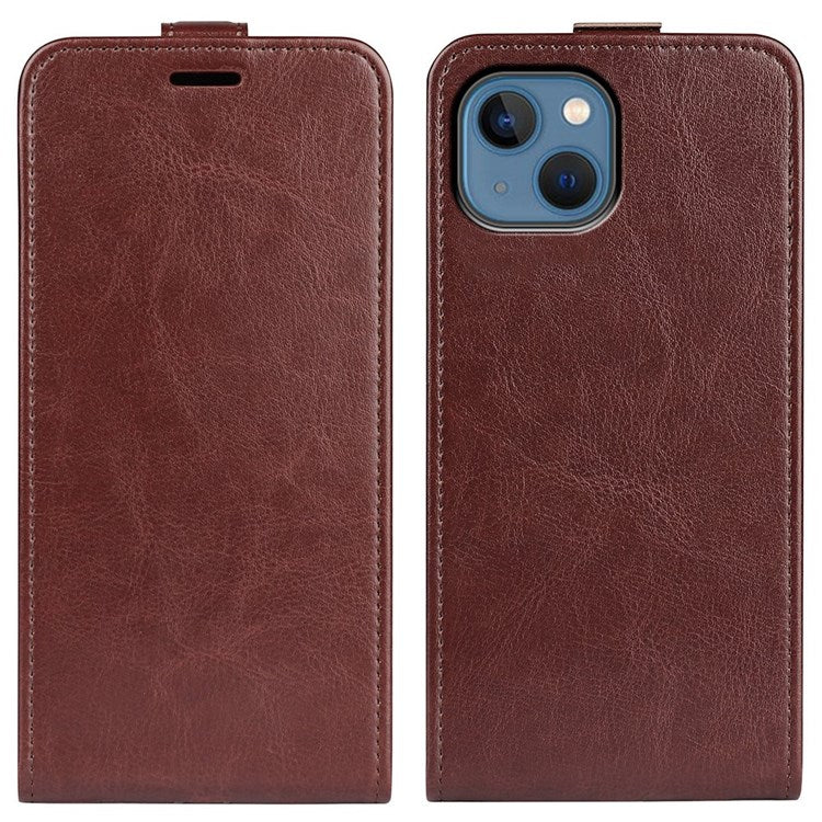 För iPhone 14 Plus 6,7 tum Slagsäkert vertikalt flipfodral Crazy Horse Texture PU-läder Magnetlås Telefonskydd med korthållare