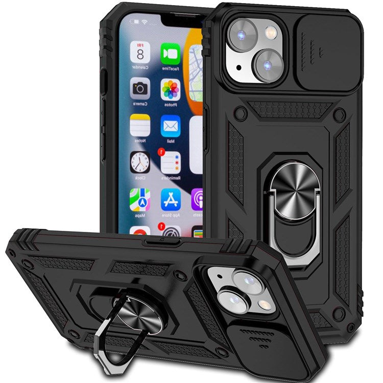för iPhone 14 Plus 6,7 tums hård PC + mjuk TPU Stötsäker Kickstand Fodral Telefonskal med skjutkameraskyddsskydd