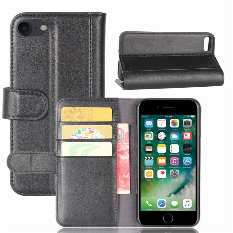 Genuine Split Leather Wallet Phone Protective Cover with Stand for iPhone SE (2020)/SE (2022)/8/7 4.7 inc