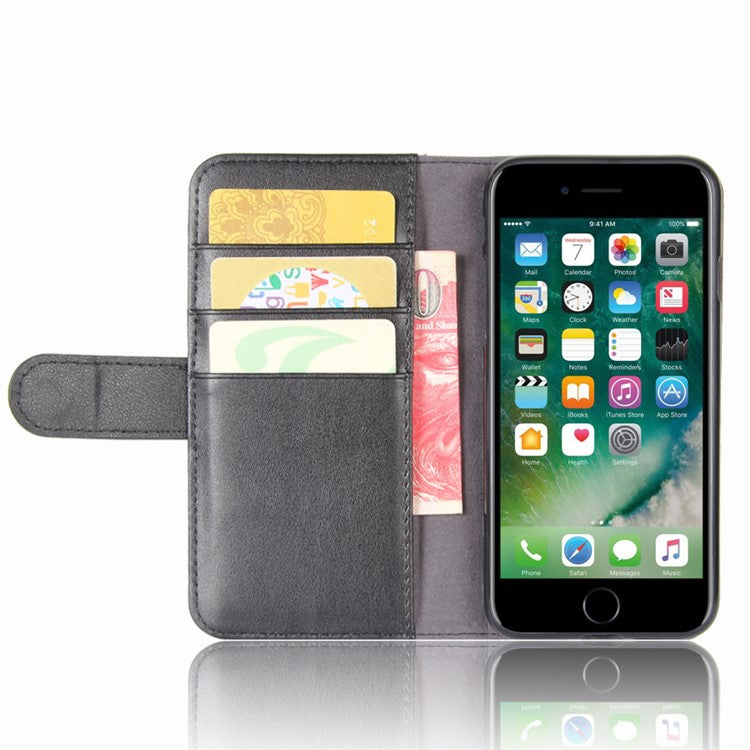 Genuine Split Leather Wallet Phone Protective Cover with Stand for iPhone SE (2020)/SE (2022)/8/7 4.7 inc