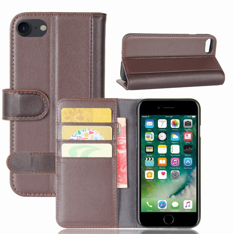 Genuine Split Leather Wallet Phone Protective Cover with Stand for iPhone SE (2020)/SE (2022)/8/7 4.7 inc