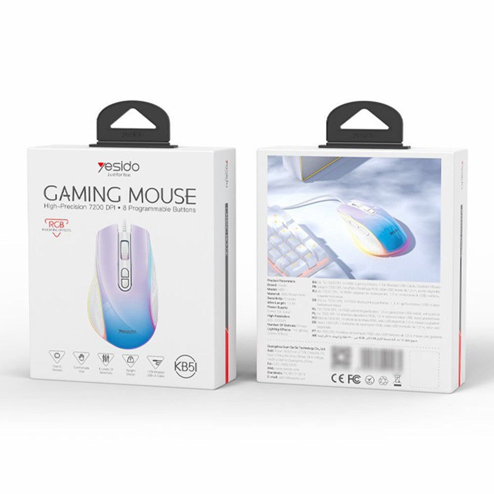YESIDO KB51 RGB Gradient Wired Gaming Mouse 8 Buttons 7200 DPI Optical Sensor Mouse for PC Gaming