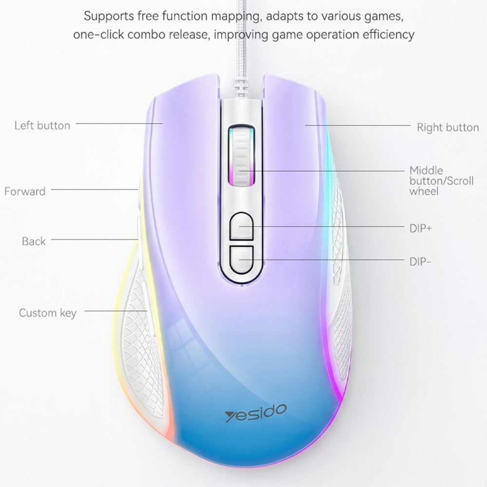 YESIDO KB51 RGB Gradient Wired Gaming Mouse 8 Buttons 7200 DPI Optical Sensor Mouse for PC Gaming