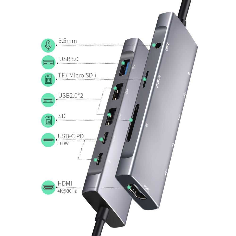 9 in 1 Docking Station 4K 30Hz USB C Hub HD Compatible 100W PD USB 3.0 + 2.0 Multiport Adapter for Laptop PC