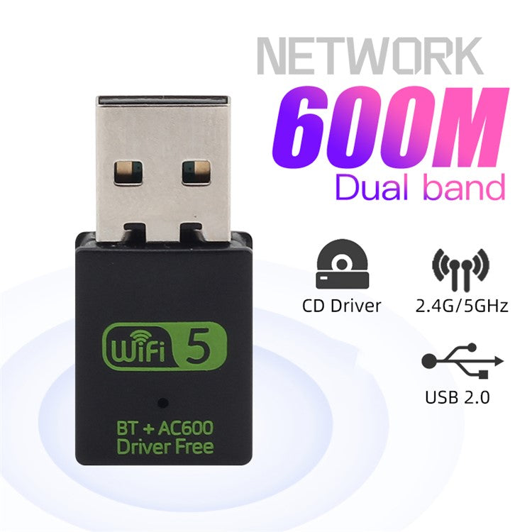 USB WiFi Bluetooth-kompatibel adapter 600 Mbps 2,4/5Ghz Dual Band Wireless Ethernet Receiver Mini USB WiFi Dongle för stationär PC/laptop