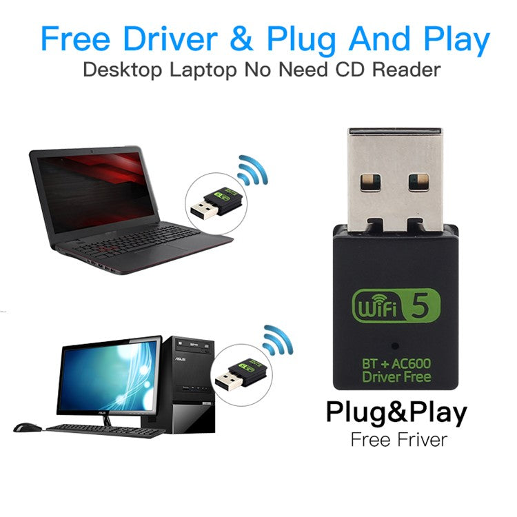 USB WiFi Bluetooth-kompatibel adapter 600 Mbps 2,4/5Ghz Dual Band Wireless Ethernet Receiver Mini USB WiFi Dongle för stationär PC/laptop
