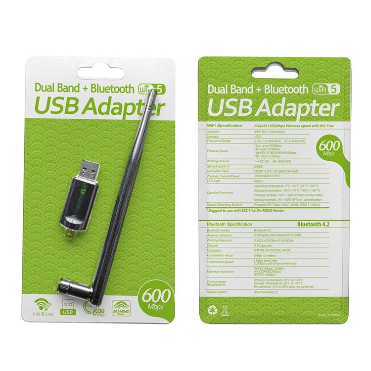 Bluetooth-compatible WiFi Adapter USB Antenna Dongle Ethernet 600Mbps Dual Band Wireless Network Card