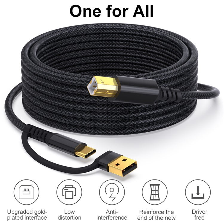 3m USB / Type-C to Square USB Type-B 2 in 1 Printer Cable Braided Printing Connection Cor