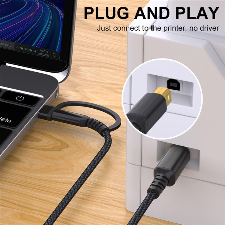 3m USB / Type-C to Square USB Type-B 2 in 1 Printer Cable Braided Printing Connection Cor