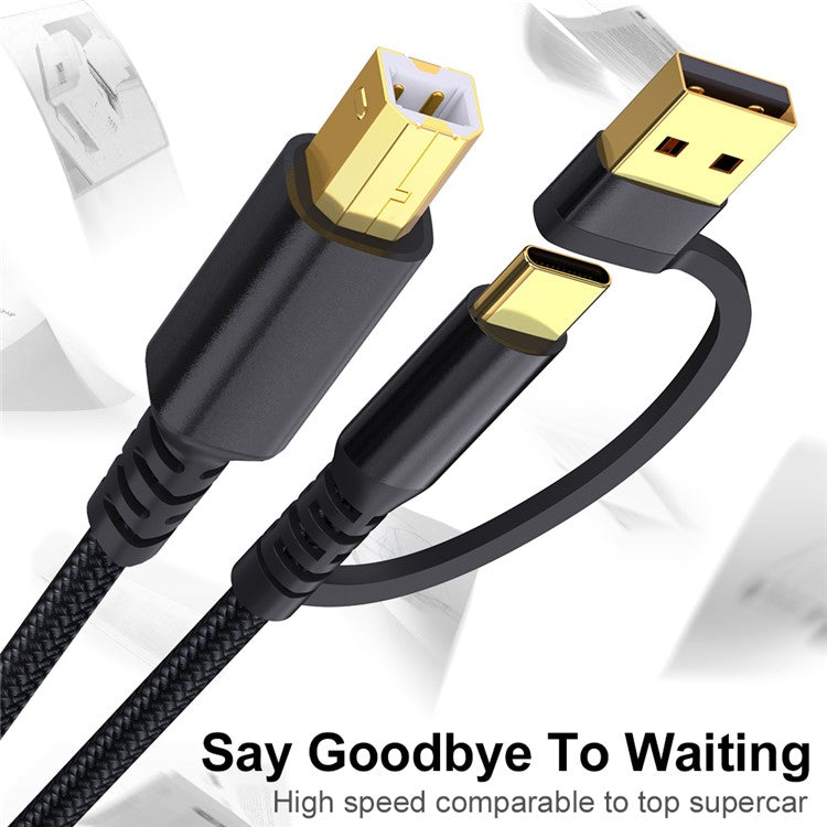 3m USB / Type-C to Square USB Type-B 2 in 1 Printer Cable Braided Printing Connection Cor