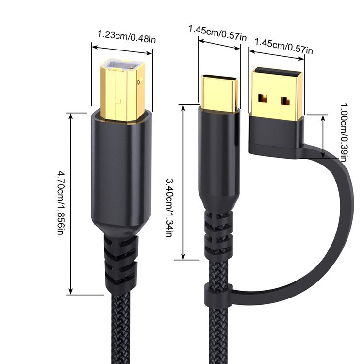 3m USB / Type-C to Square USB Type-B 2 in 1 Printer Cable Braided Printing Connection Cor