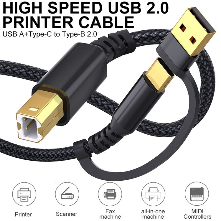 3m USB / Type-C to Square USB Type-B 2 in 1 Printer Cable Braided Printing Connection Cor