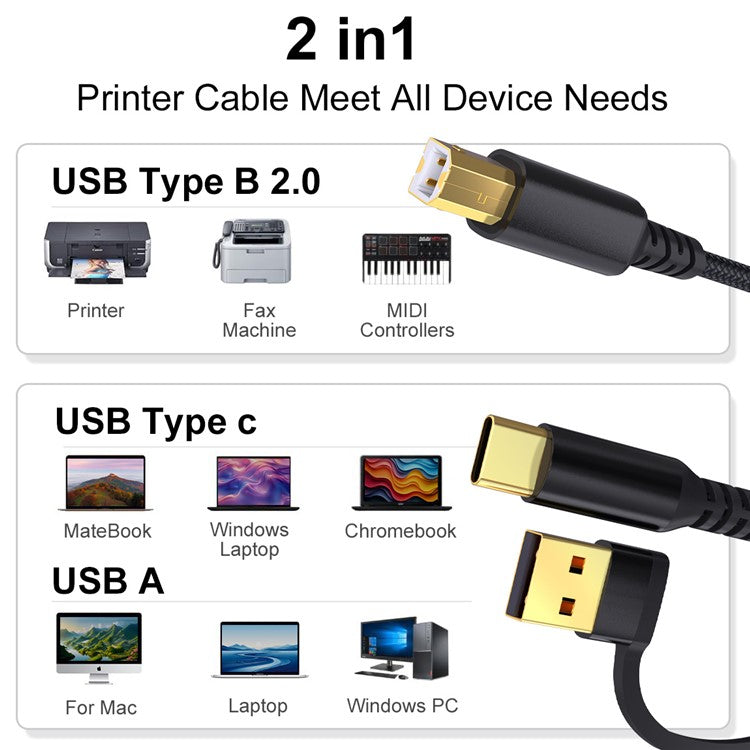 3m USB / Type-C to Square USB Type-B 2 in 1 Printer Cable Braided Printing Connection Cor