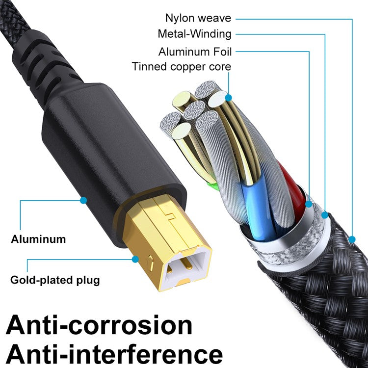 3m USB / Type-C to Square USB Type-B 2 in 1 Printer Cable Braided Printing Connection Cor