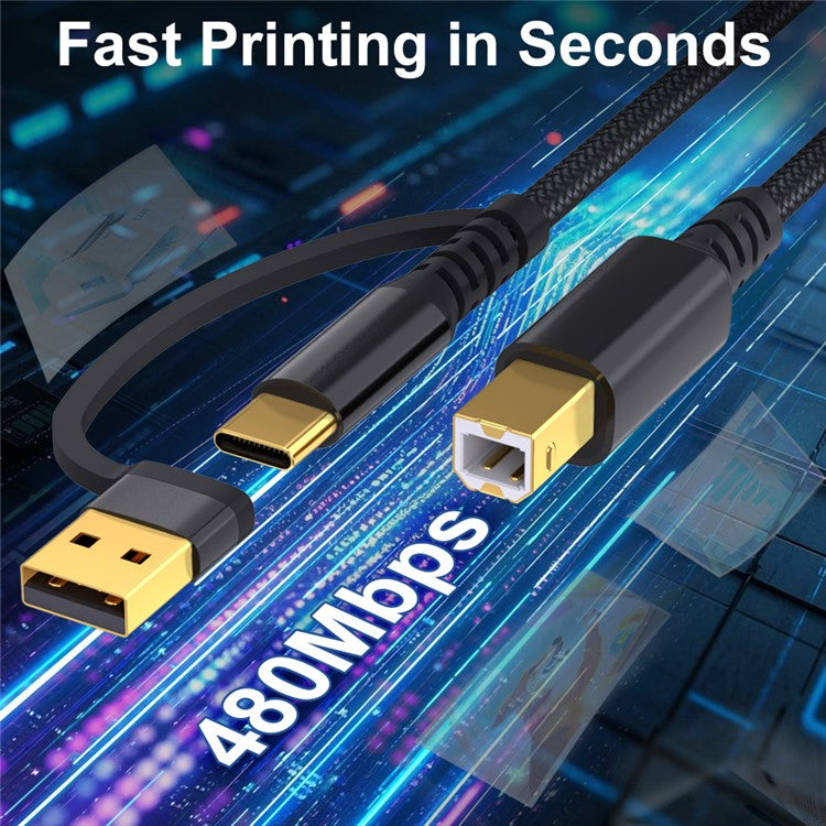 3m USB / Type-C to Square USB Type-B 2 in 1 Printer Cable Braided Printing Connection Cor