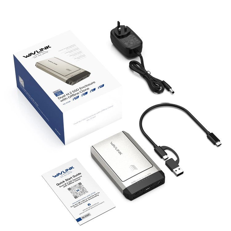 WAVLINK ST347 Dual Slot M.2 SSD-hölje USB-C 3.2 Gen2 10Gbps One-Click Offline Clone för datamigrering/säkerhetskopiering