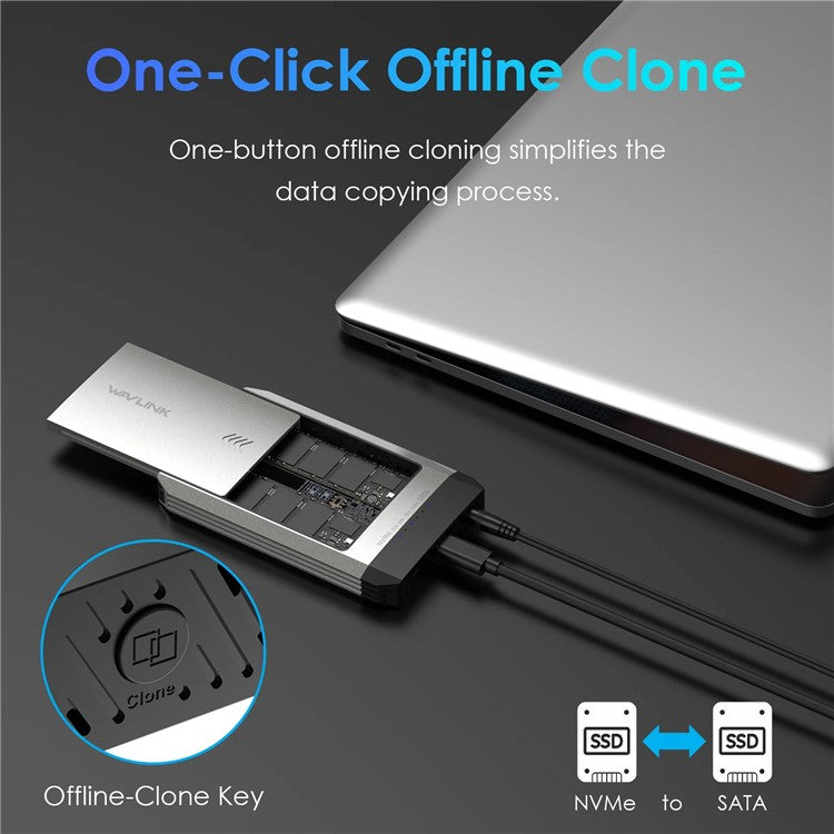 WAVLINK ST347 Dual Slot M.2 SSD-hölje USB-C 3.2 Gen2 10Gbps One-Click Offline Clone för datamigrering/säkerhetskopiering