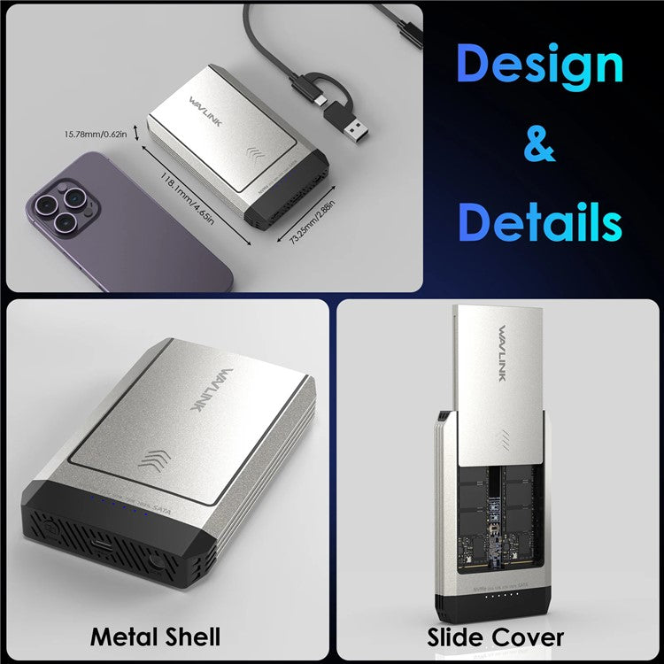 WAVLINK ST347 Dual Slot M.2 SSD-hölje USB-C 3.2 Gen2 10Gbps One-Click Offline Clone för datamigrering/säkerhetskopiering