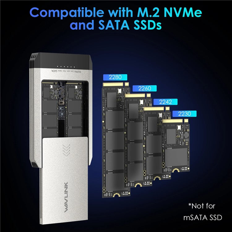 WAVLINK ST347 Dual Slot M.2 SSD-hölje USB-C 3.2 Gen2 10Gbps One-Click Offline Clone för datamigrering/säkerhetskopiering