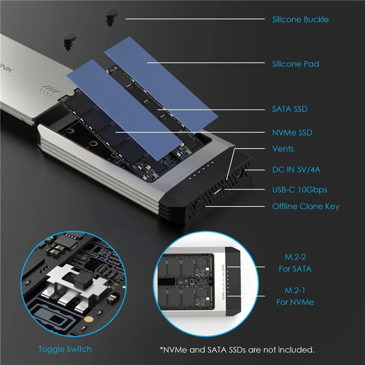 WAVLINK ST347 Dual Slot M.2 SSD-hölje USB-C 3.2 Gen2 10Gbps One-Click Offline Clone för datamigrering/säkerhetskopiering