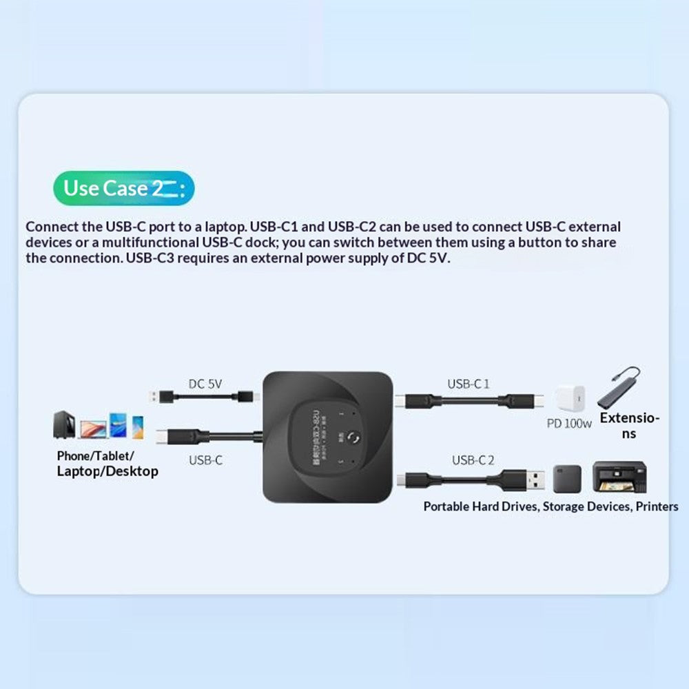 C-HD019 USB-C Switch 2-in-1 Out Bidirectional Converter 8K 60Hz 10Gbps Data Transfer 100W PD Charging