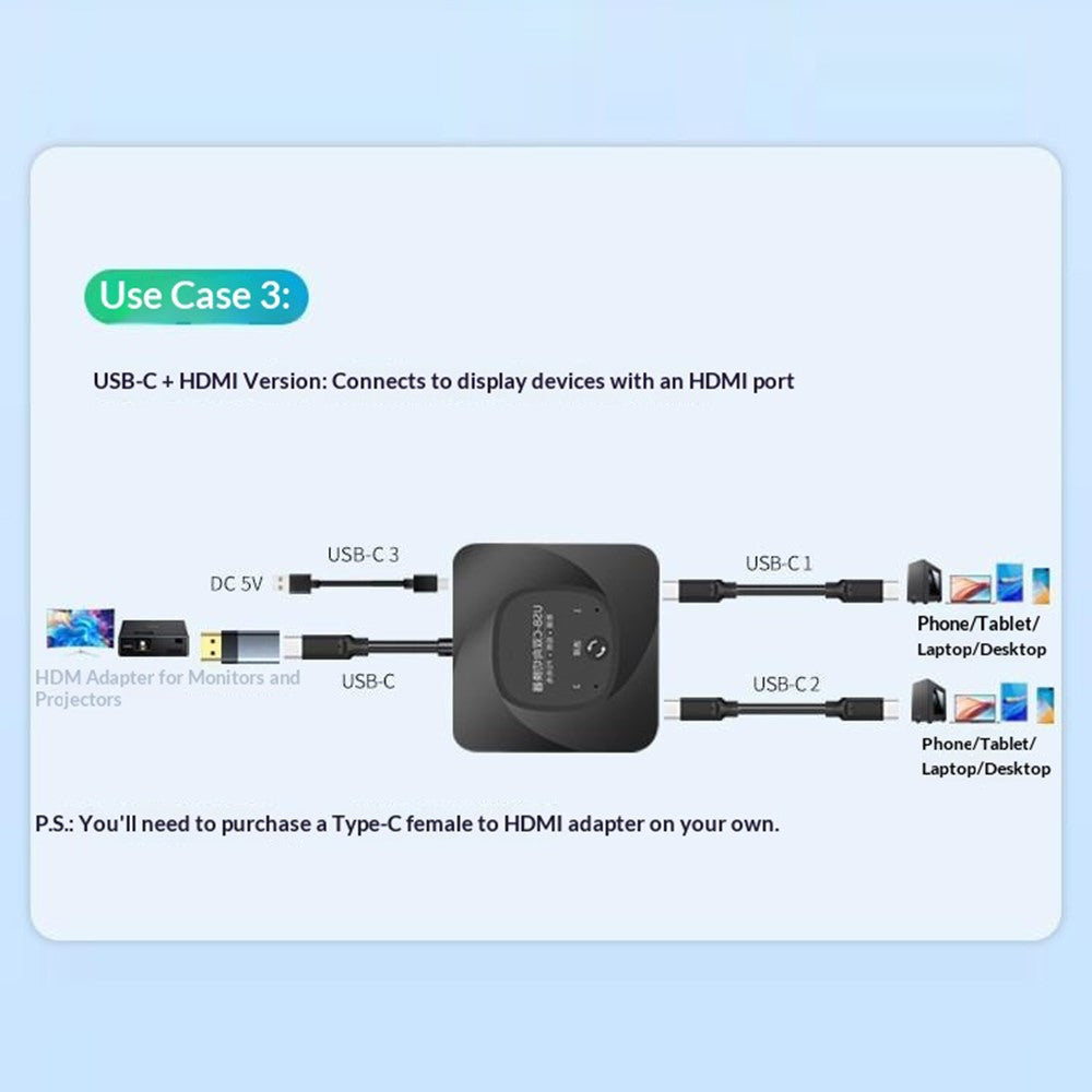 C-HD019 USB-C Switch 2-in-1 Out Bidirectional Converter 8K 60Hz 10Gbps Data Transfer 100W PD Charging