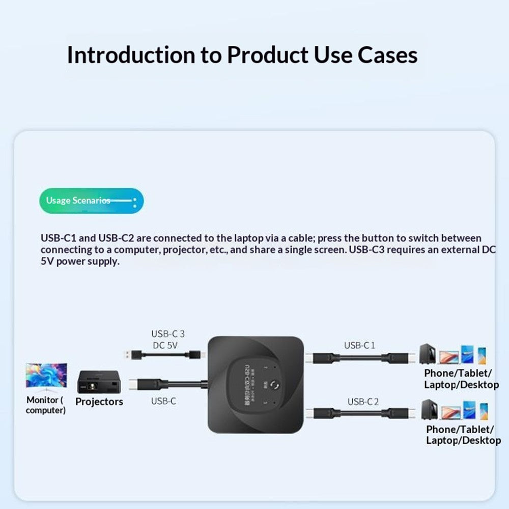 C-HD019 USB-C Switch 2-in-1 Out Bidirectional Converter 8K 60Hz 10Gbps Data Transfer 100W PD Charging