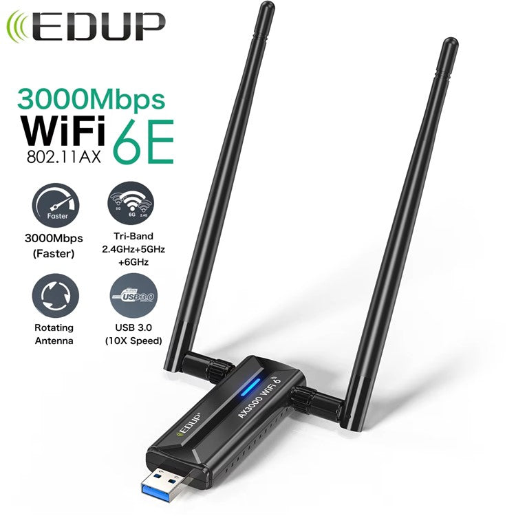 EDUP EP-AX1672 AX3000 USB 3.0 WiFi 6E nätverksadapter 2,4GHz / 5GHz / 6GHz MTK7921AU Chipset Nätverkskontakt